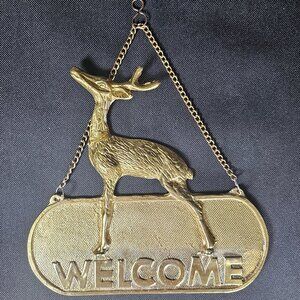 Vintage Brass Deer Wall Hanging Taiwan Welcome Sign Hangs 9  3/8" Rustic Country